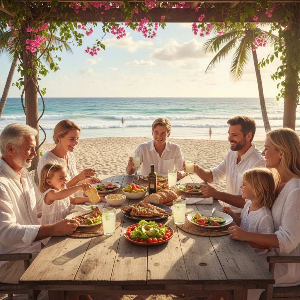 Family dining at the beach